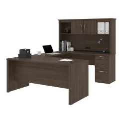 bestar Office Desks<Logan 66" U-Shaped Desk with Hutch, Brown (46410-52)