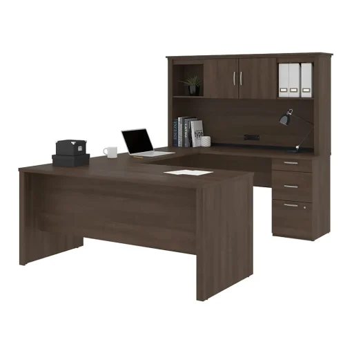 bestar Office Desks<Logan 66" U-Shaped Desk with Hutch, Brown (46410-52)