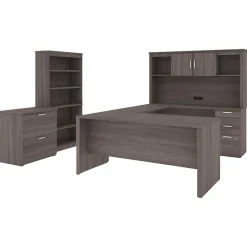 bestar Corner Desks<Logan 66" U-Shaped Executive Desk with Hutch, Lateral File Cabinet, and Bookcase, Bark Grey (46851-47)