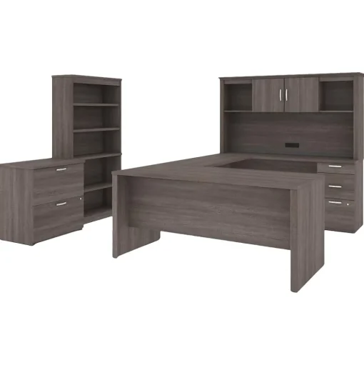 bestar Corner Desks<Logan 66" U-Shaped Executive Desk with Hutch, Lateral File Cabinet, and Bookcase, Bark Grey (46851-47)