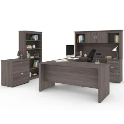 bestar Corner Desks<Logan 66" U-Shaped Executive Desk with Hutch, Lateral File Cabinet, and Bookcase, Bark Grey (46851-47)