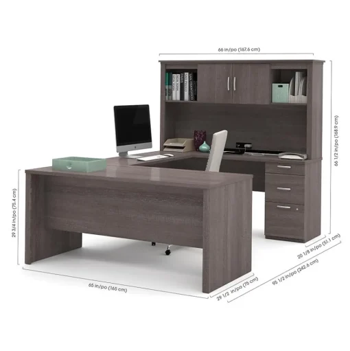 bestar Corner Desks<Logan 66" U-Shaped Executive Desk with Hutch, Lateral File Cabinet, and Bookcase, Bark Grey (46851-47)