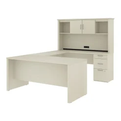 bestar Computer Desks<Logan 66"W U or L-Shaped Executive Office Desk with Pedestal and Hutch, White Chocolate (46410-31)