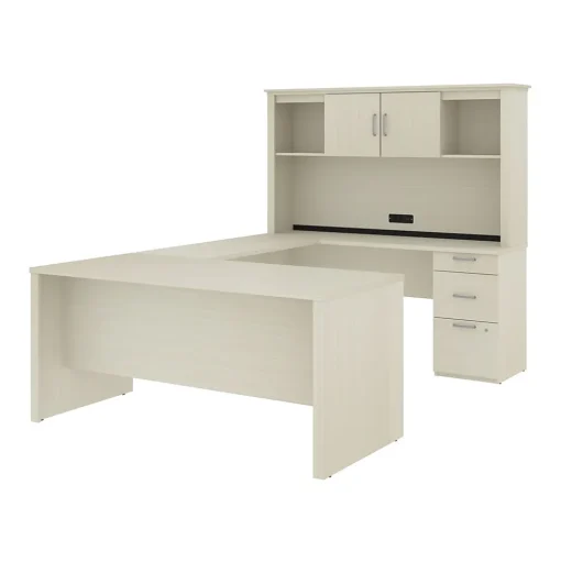 bestar Computer Desks<Logan 66"W U or L-Shaped Executive Office Desk with Pedestal and Hutch, White Chocolate (46410-31)