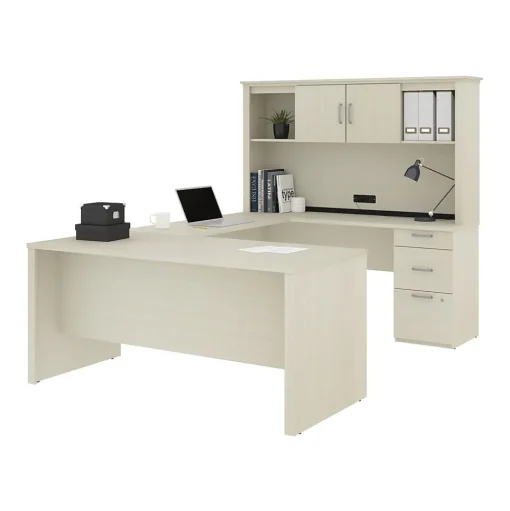 bestar Computer Desks<Logan 66"W U or L-Shaped Executive Office Desk with Pedestal and Hutch, White Chocolate (46410-31)
