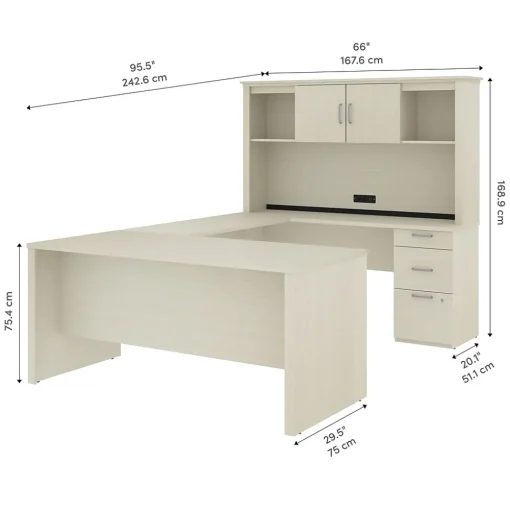 bestar Computer Desks<Logan 66"W U or L-Shaped Executive Office Desk with Pedestal and Hutch, White Chocolate (46410-31)