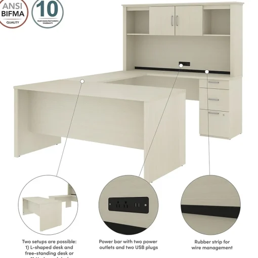 bestar Computer Desks<Logan 66"W U or L-Shaped Executive Office Desk with Pedestal and Hutch, White Chocolate (46410-31)