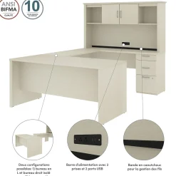 bestar Computer Desks<Logan 66"W U or L-Shaped Executive Office Desk with Pedestal and Hutch, White Chocolate (46410-31)