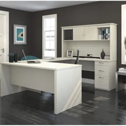 bestar Computer Desks<Logan 66"W U or L-Shaped Executive Office Desk with Pedestal and Hutch, White Chocolate (46410-31)