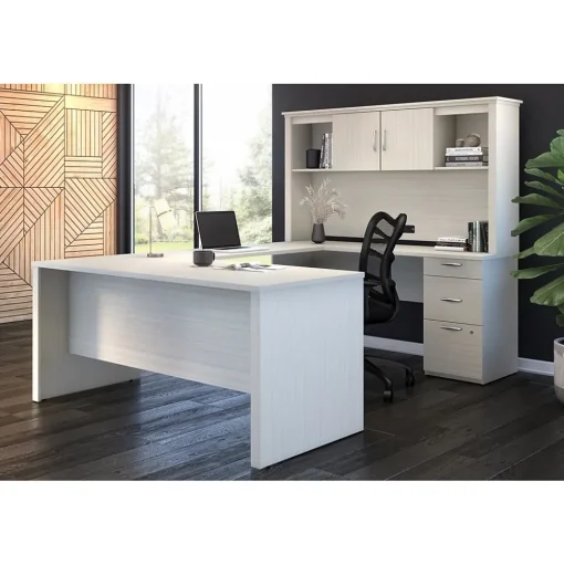 bestar Computer Desks<Logan 66"W U or L-Shaped Executive Office Desk with Pedestal and Hutch, White Chocolate (46410-31)