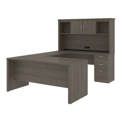 bestar Computer Desks<Logan 66"W U or L-Shaped Executive Office Desk with Pedestal and Hutch, Bark Grey (46410-47)