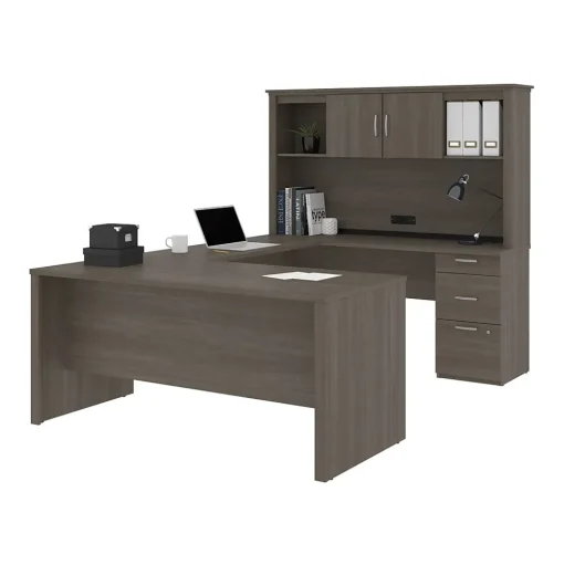 bestar Computer Desks<Logan 66"W U or L-Shaped Executive Office Desk with Pedestal and Hutch, Bark Grey (46410-47)
