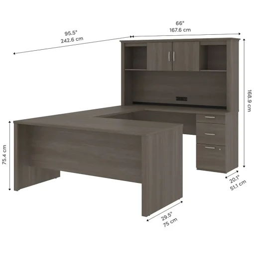 bestar Computer Desks<Logan 66"W U or L-Shaped Executive Office Desk with Pedestal and Hutch, Bark Grey (46410-47)