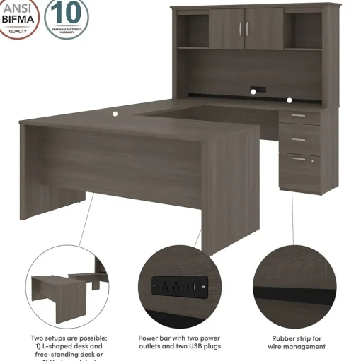 bestar Computer Desks<Logan 66"W U or L-Shaped Executive Office Desk with Pedestal and Hutch, Bark Grey (46410-47)
