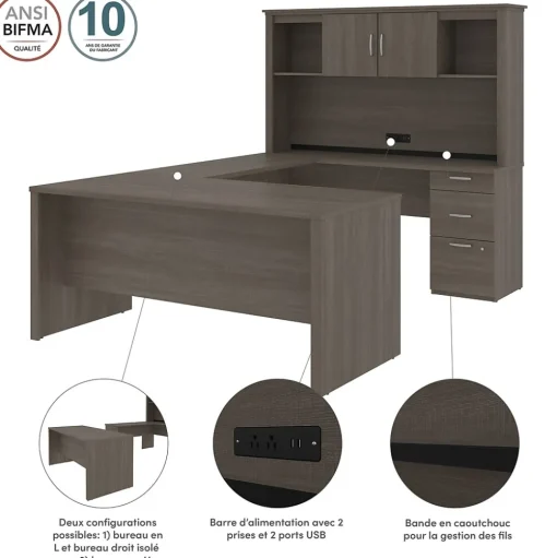 bestar Computer Desks<Logan 66"W U or L-Shaped Executive Office Desk with Pedestal and Hutch, Bark Grey (46410-47)