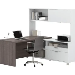 bestar L-Desks<Pro-Linea 71"W L-Desk with Hutch, White & Bark Grey (120882-47)
