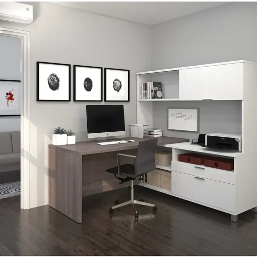 bestar L-Desks<Pro-Linea 71"W L-Desk with Hutch, White & Bark Grey (120882-47)