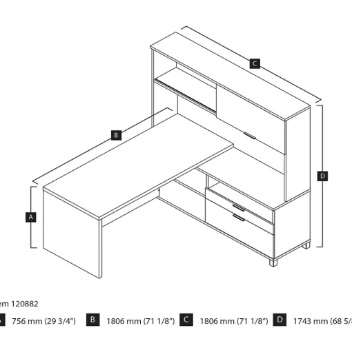 bestar L-Desks<Pro-Linea 71"W L-Desk with Hutch, White & Bark Grey (120882-47)