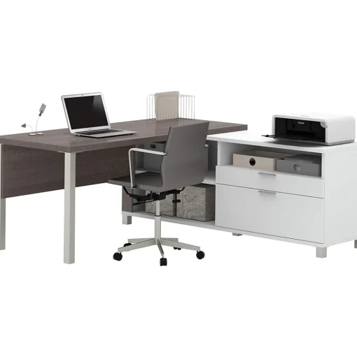 bestar L-Desks<Pro-Linea 71"W L-Desk, White & Bark Grey (120883-47)