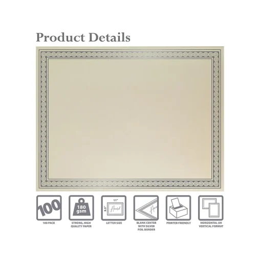Better Office Awards & Certificates<Certificates, 11" x 8.5", Ivory/Silver, 100/Pack (64493-100PK)