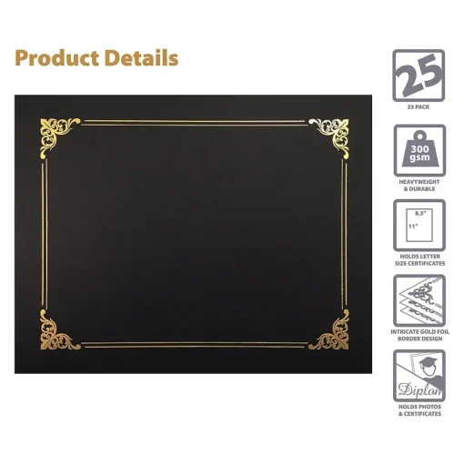 Better Office Awards & Certificates<Certificate Holders, 8.75" x 11.25", Black/Gold, 25/Pack (65251-25PK)