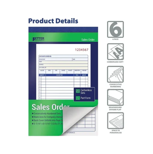 Better Office Business Forms<2-Part Carbonless Sales Order Book, 5.44" x 8.44", 50 Sets/Book, 6 Books/Pack (66106-6PK)