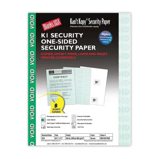 Blanks USA Security & Carbon<Kan't Kopy 8.5" x 11" Security Paper, 60 lbs., Green, 250 Sheets/Pack (KK12A1VGR)