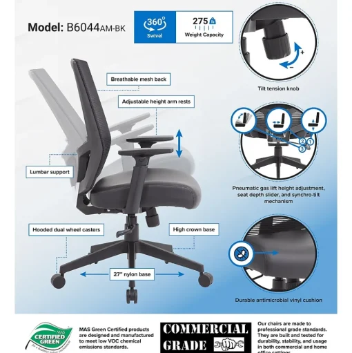 Boss Office Products Office Chairs<Mesh/Vinyl Swivel Task Chair, Black (B6044AM-BK)