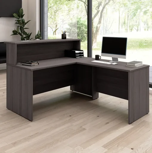 Bush Business Furniture L-Desks<Arrive 60"W L Shaped Reception Desk with Shelf, (ARV003SG)