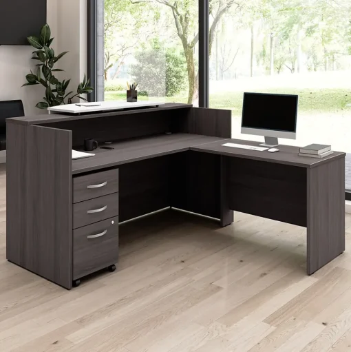 Bush Business Furniture L-Desks<Arrive 72"W L Shaped Reception Desk with Counter and Mobile File Cabinet, (ARV010SG)