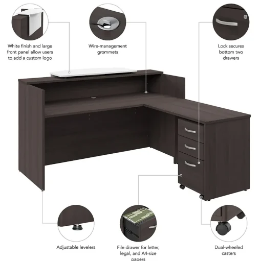Bush Business Furniture L-Desks<Arrive 72"W L Shaped Reception Desk with Counter and Mobile File Cabinet, (ARV010SG)