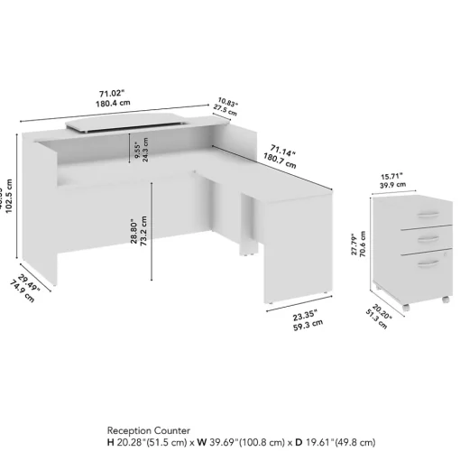 Bush Business Furniture L-Desks<Arrive 72"W L Shaped Reception Desk with Counter and Mobile File Cabinet, (ARV010SG)