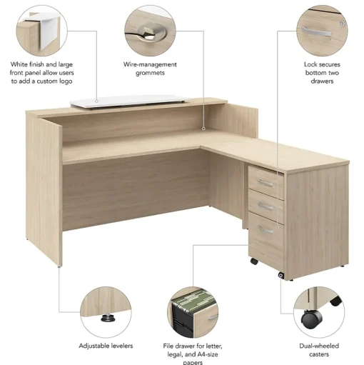 Bush Business Furniture L-Desks<Arrive 72"W L Shaped Reception Desk with Counter and Mobile File Cabinet, (ARV010NE)