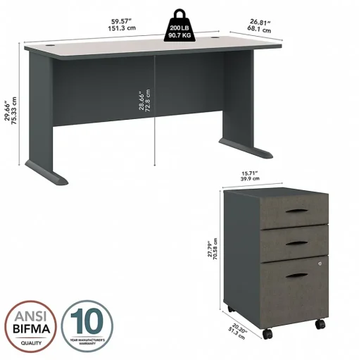Bush Business Furniture Computer Desks<Cubix 60W Desk with Mobile File Cabinet, (SRA003SLSU)