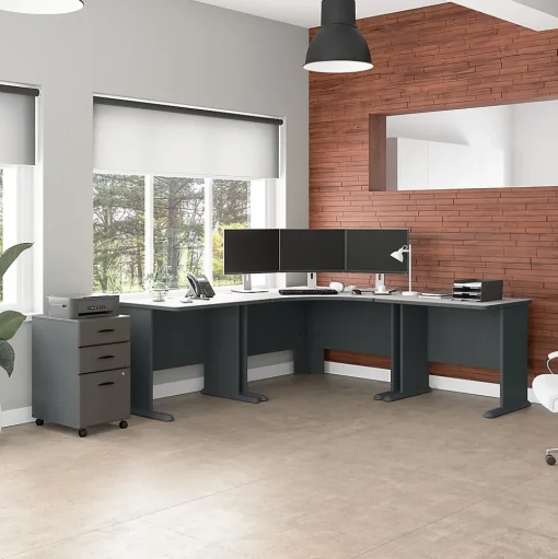 Bush Business Furniture Corner Desks<Cubix 84"W Corner Desk with Mobile File Cabinet, (SRA041SLSU)