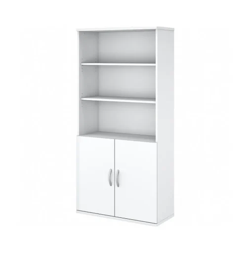 Bush Business Furniture Bookcases<Easy Office 72.79" 5-Shelf Bookcase with Doors, White Laminated Wood (EO106WH)