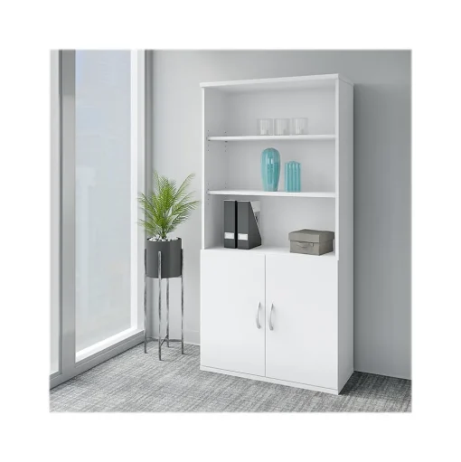 Bush Business Furniture Bookcases<Easy Office 72.79" 5-Shelf Bookcase with Doors, White Laminated Wood (EO106WH)