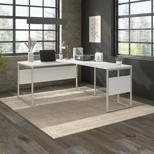 Bush Business Furniture L-Desks<Hybrid 60"W L Shaped Table Desk with Metal Legs, (HYB027WH)