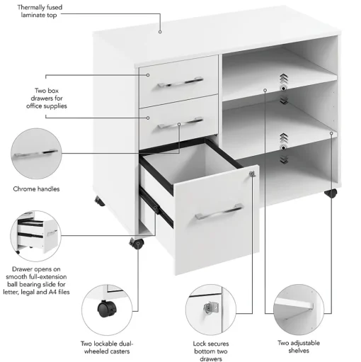 Bush Business Furniture File Cabinets<Hustle Office Storage Cabinet with Wheels, White (HUF140WH)
