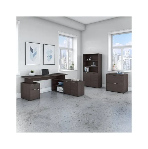 Bush Business Furniture L-Desks<Jamestown 72"W L Shaped Desk with Lateral File Cabinet and 5 Shelf Bookcase, Storm Gray (JTN011SGSU)