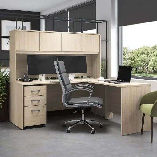 Bush Furniture L-Desks<Bush Business Furniture Studio C 72"W L Shaped Desk with Hutch and Mobile File Cabinet, Natural Elm (STC006NESU)