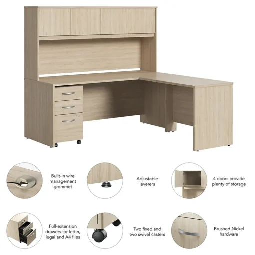Bush Furniture L-Desks<Bush Business Furniture Studio C 72"W L Shaped Desk with Hutch and Mobile File Cabinet, Natural Elm (STC006NESU)