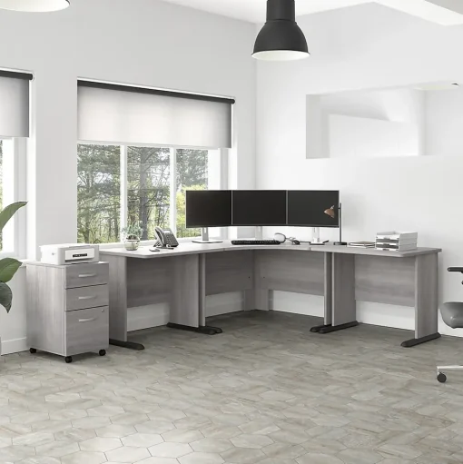 Bush Business Furniture Corner Desks<Studio A 83"W Large Corner Desk with 3 Drawer Mobile File Cabinet, (STA003PGSU)