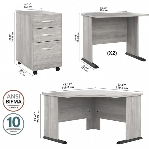 Bush Business Furniture Corner Desks<Studio A 83"W Large Corner Desk with 3 Drawer Mobile File Cabinet, (STA003PGSU)