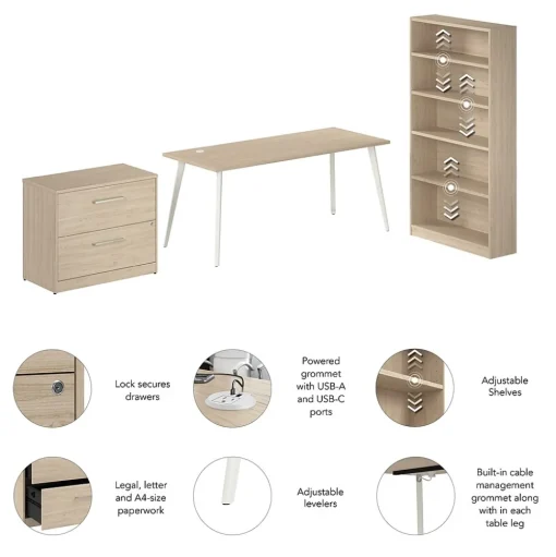 Bush Business Furniture Office Desks<Vista 72"W Desk with Lateral File Cabinet and Bookcase, Natural Elm (VST011NESU)