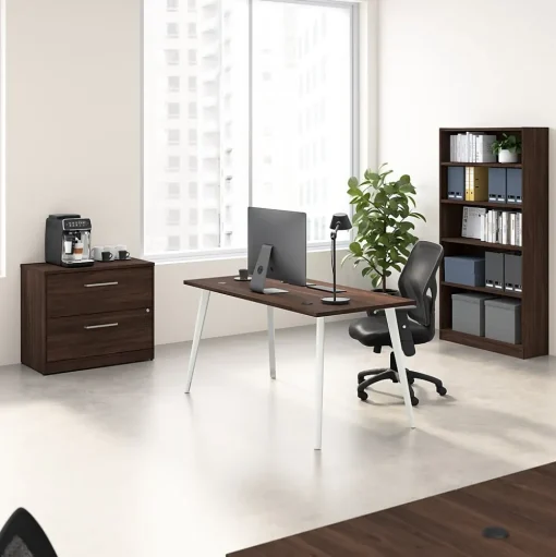 Bush Business Furniture Office Desks<Vista 60"W Desk with Lateral File Cabinet and Bookcase, Black Walnut (VST012BWSU)