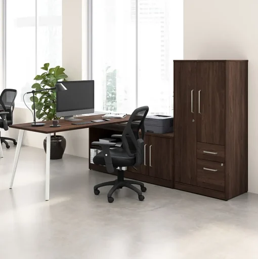 Bush Business Furniture L-Desks<Vista 72"W L Shaped Desk with Low Storage Cabinet and Wardrobe, Black Walnut (VST009BW)