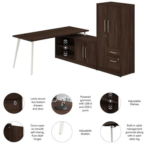 Bush Business Furniture L-Desks<Vista 72"W L Shaped Desk with Low Storage Cabinet and Wardrobe, Black Walnut (VST009BW)