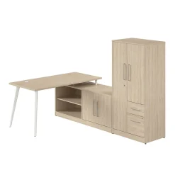 Bush Business Furniture L-Desks<Vista 60"W L Shaped Desk with Low Storage Cabinet and Wardrobe, Natural Elm (VST010NE)