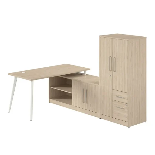 Bush Business Furniture L-Desks<Vista 60"W L Shaped Desk with Low Storage Cabinet and Wardrobe, Natural Elm (VST010NE)